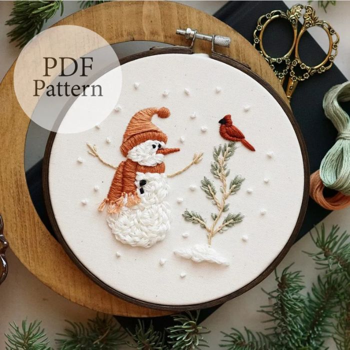 hand embroidery christmas patterns: Cozy Snowman & Cardinal Friend 