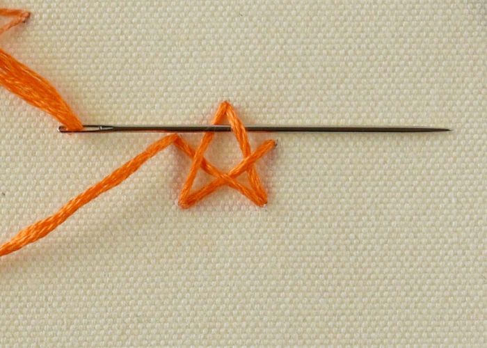 Pass the needle under the first stitch
